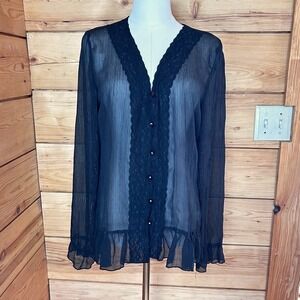 Vintage Sheer Lace Trim Blouse Size Large Black Shimmer Whimsygoth Dark Romantic